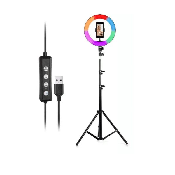 TRIPODE EXTENSIBLE 2MTS + ARO DE LUZ RGB 26CM